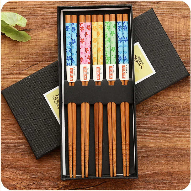 Ensemble de 5 paires de baguettes en bambou, antidérapantes, en bois naturel japonais…