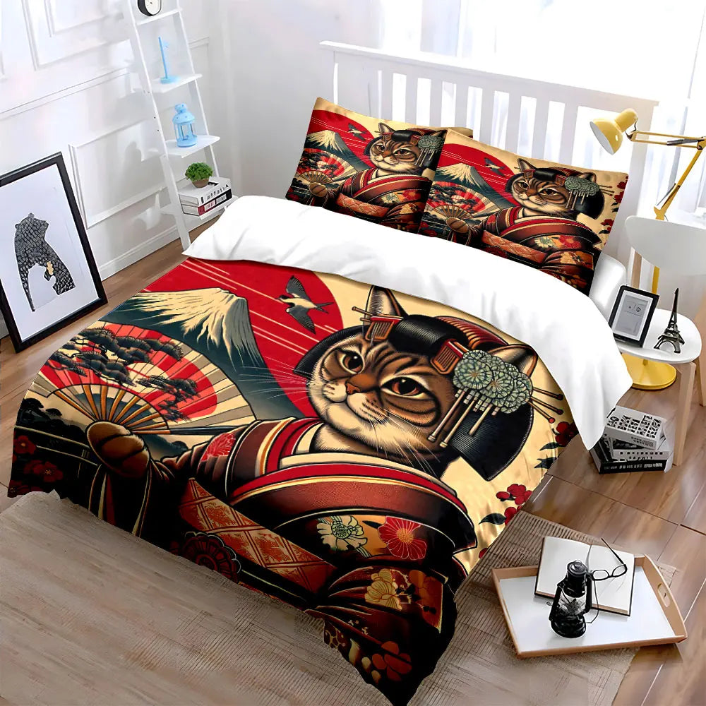 Parure de lit décorative style japonais avec motif chat, comprenant 1 housse de couette et 2 taies d'oreiller, tailles 1 à 2 (king et queen), cadeau