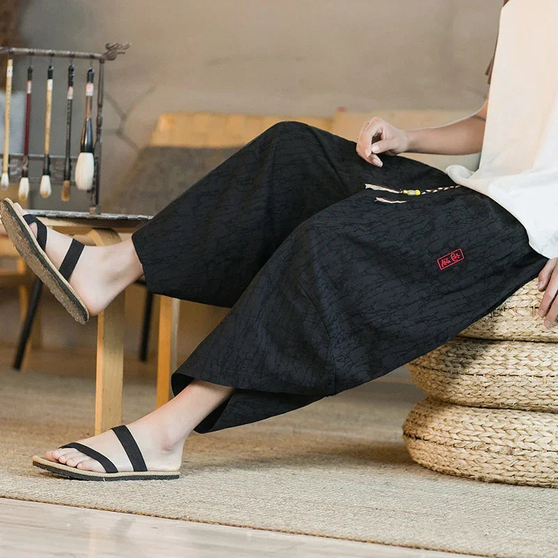 Traditional Japanese kimono, shorts, men's Asian trousers, casual loose linen Japanese yukata, wide-leg trousers