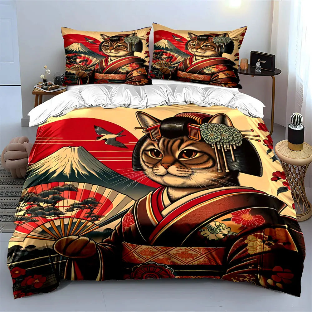 Parure de lit décorative style japonais avec motif chat, comprenant 1 housse de couette et 2 taies d'oreiller, tailles 1 à 2 (king et queen), cadeau