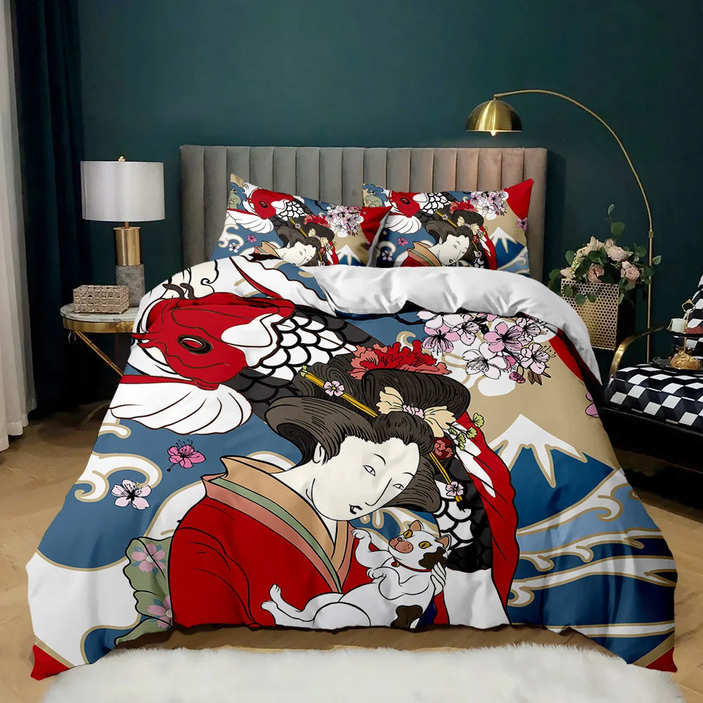 Parure de lit style japonais, housse de couette à motifs kimono traditionnels, taille Queen, Tokyo, geisha, Japon, en polyester.