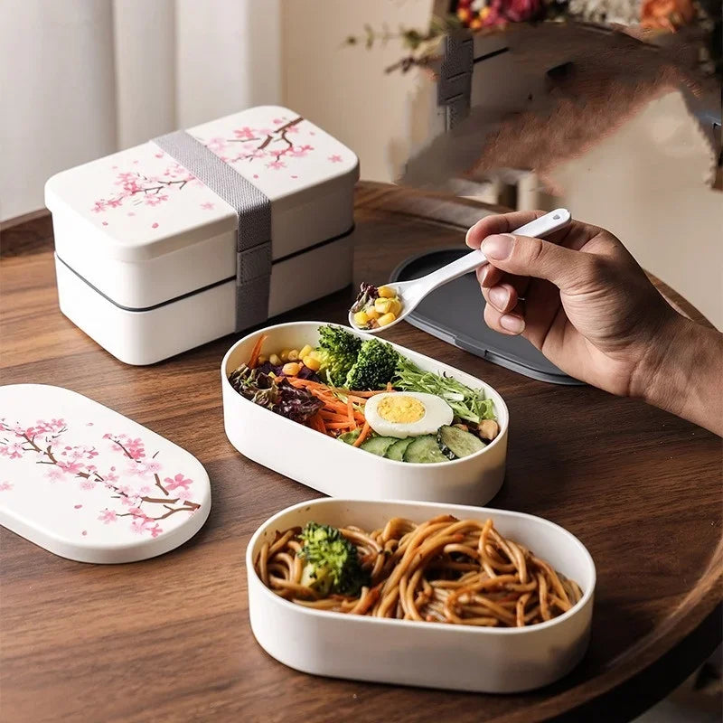 Cherry Blossom Japanese Lunch Box with Utensils, Microwavable Bento Box, Portable Soup Bowl for Students, Double Compartment Lunch Box