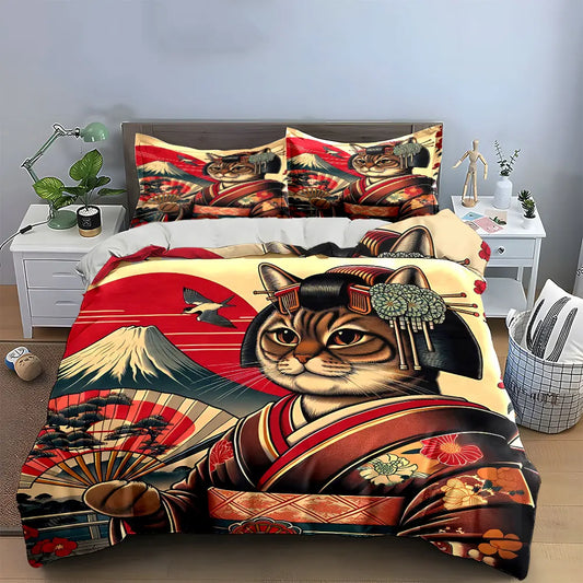 Parure de lit décorative style japonais avec motif chat, comprenant 1 housse de couette et 2 taies d'oreiller, tailles 1 à 2 (king et queen), cadeau