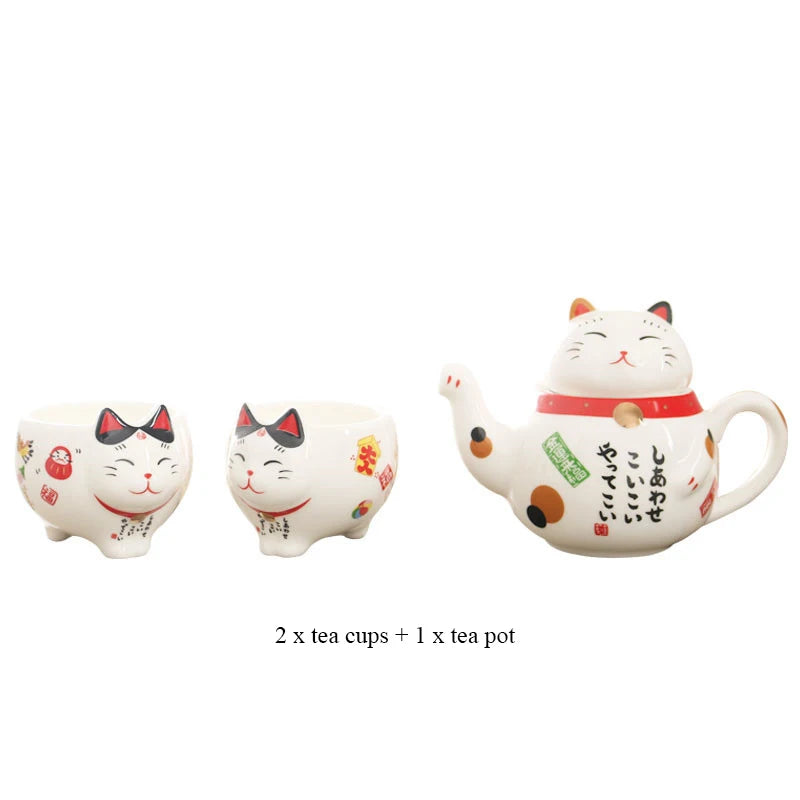 Service à thé japonais porte-bonheur Maneki Neko, tasse et cafetière avec filtre intégré.