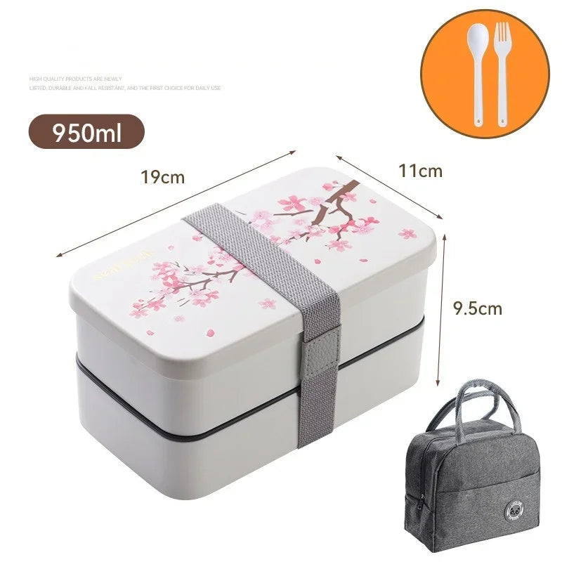 Cherry Blossom Japanese Lunch Box with Utensils, Microwavable Bento Box, Portable Soup Bowl for Students, Double Compartment Lunch Box