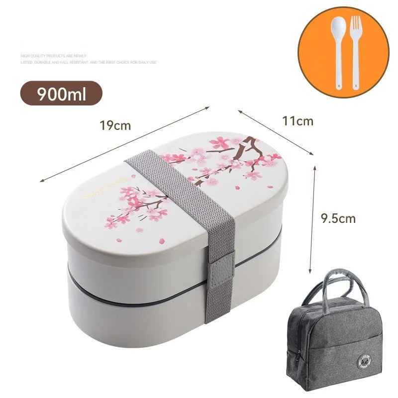 Cherry Blossom Japanese Lunch Box with Utensils, Microwavable Bento Box, Portable Soup Bowl for Students, Double Compartment Lunch Box