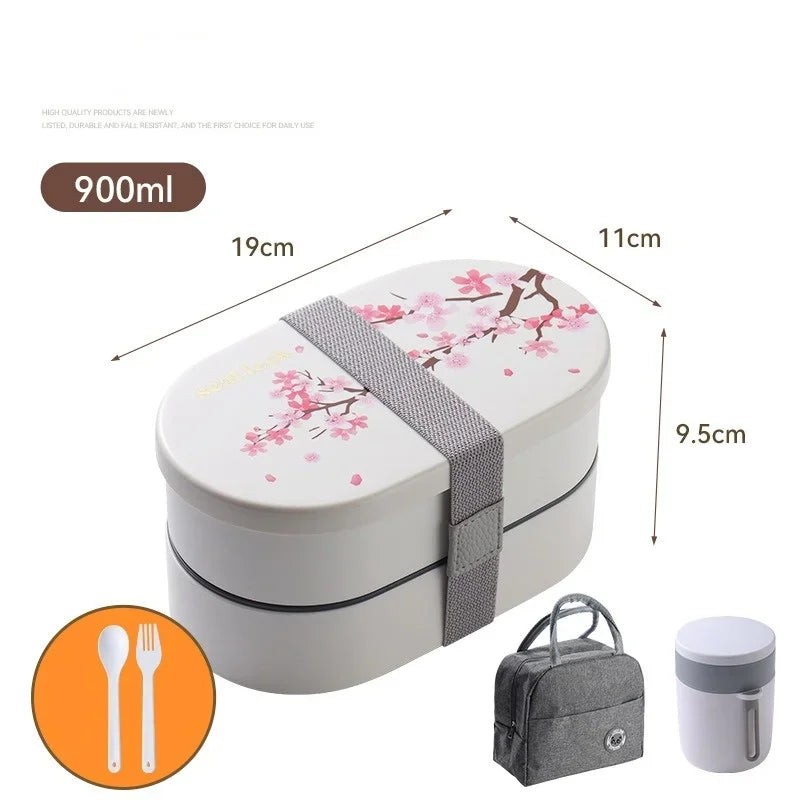 Cherry Blossom Japanese Lunch Box with Utensils, Microwavable Bento Box, Portable Soup Bowl for Students, Double Compartment Lunch Box