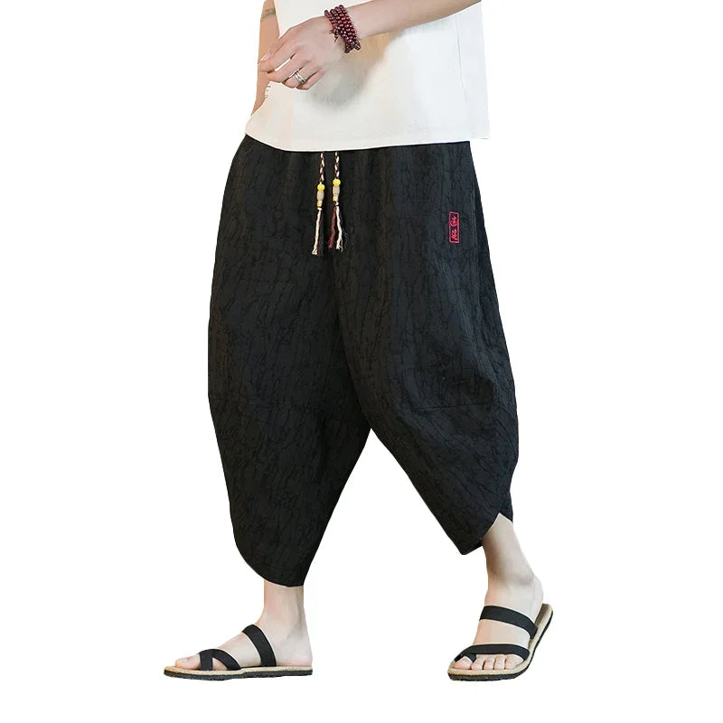 Traditional Japanese kimono, shorts, men's Asian trousers, casual loose linen Japanese yukata, wide-leg trousers