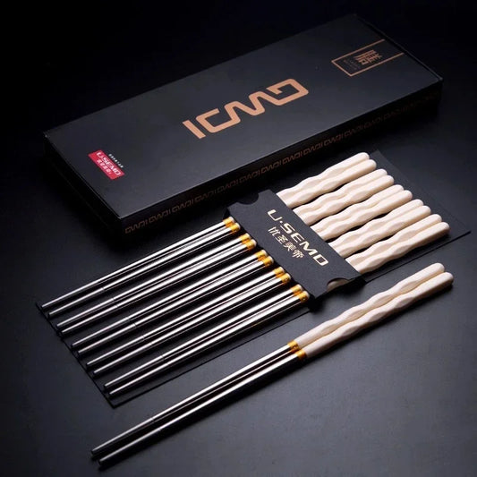 Set of 5 pairs of reusable non-slip stainless steel chopsticks