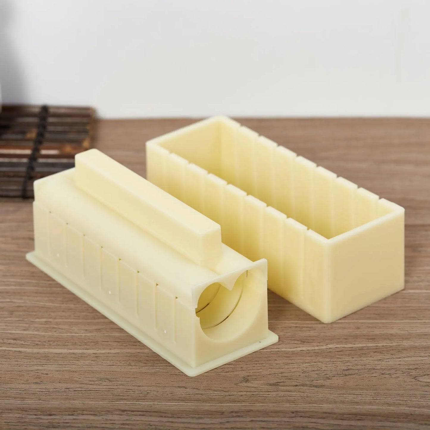 Sushi making kit with various sushi molds, fork, spatula, and utensils for making homemade sushi. Japanese sushi mold.