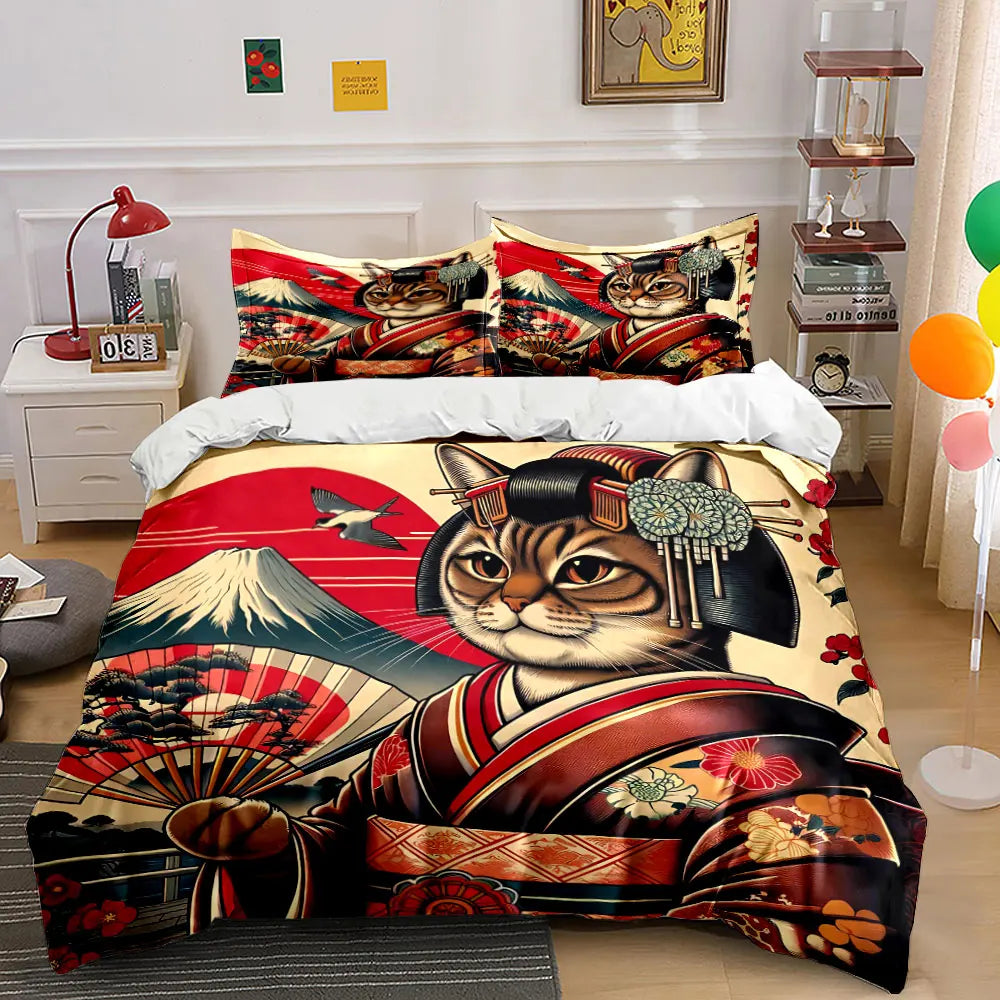 Parure de lit décorative style japonais avec motif chat, comprenant 1 housse de couette et 2 taies d'oreiller, tailles 1 à 2 (king et queen), cadeau