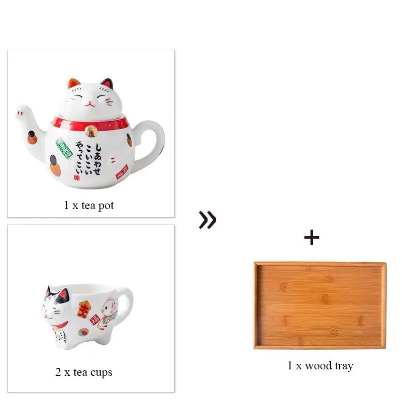 Service à thé japonais porte-bonheur Maneki Neko, tasse et cafetière avec filtre intégré.