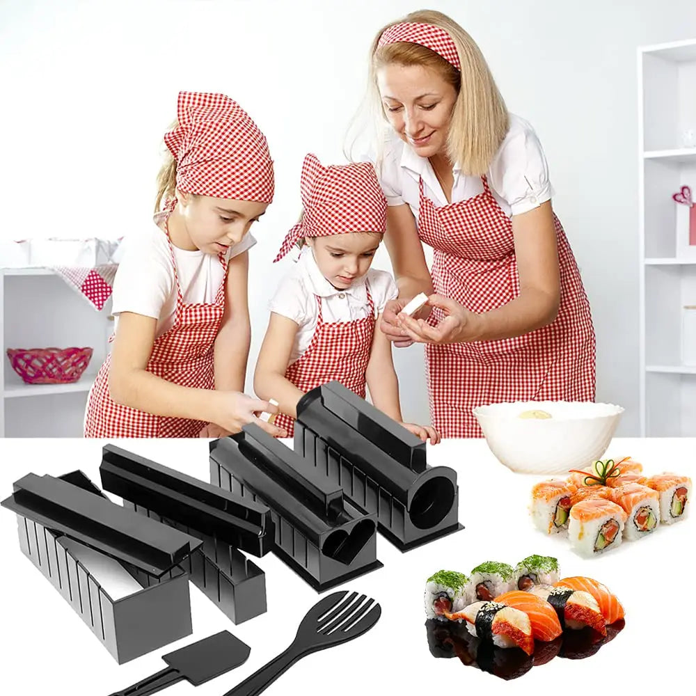 Sushi making kit with various sushi molds, fork, spatula, and utensils for making homemade sushi. Japanese sushi mold.