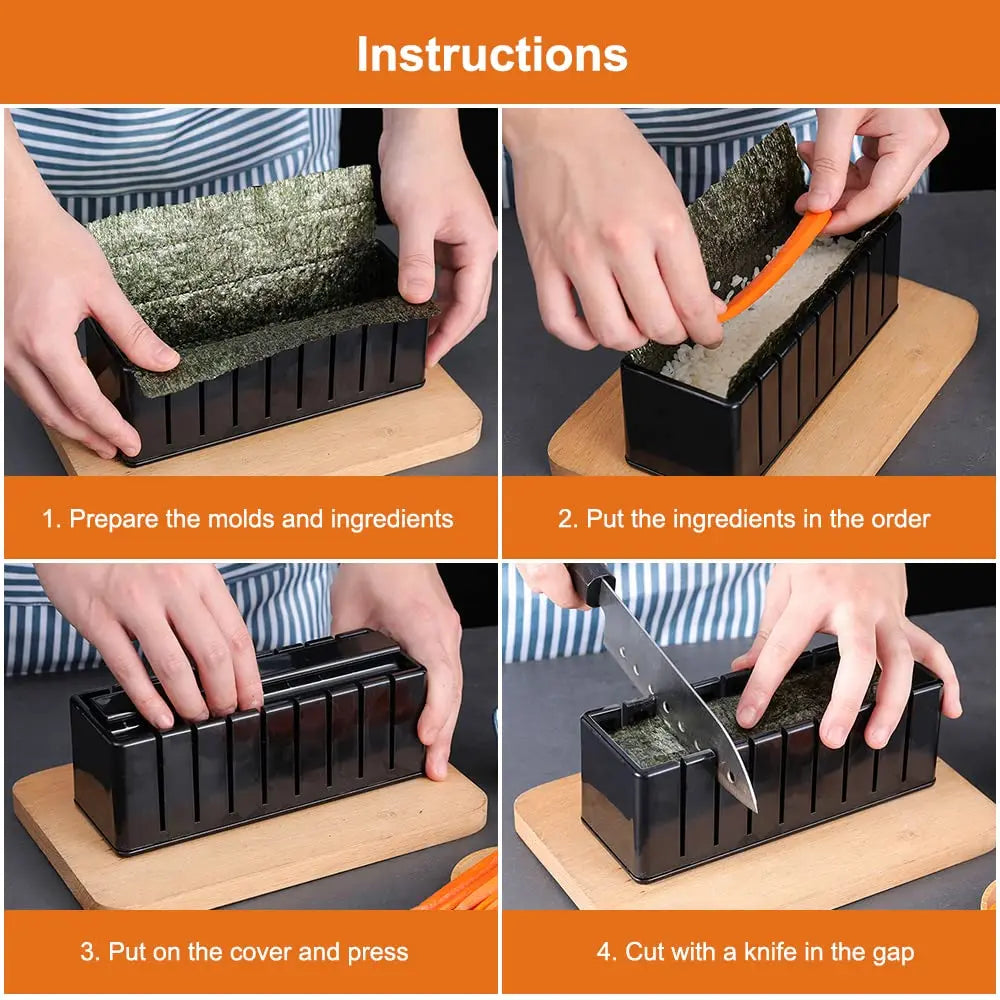 Sushi making kit with various sushi molds, fork, spatula, and utensils for making homemade sushi. Japanese sushi mold.