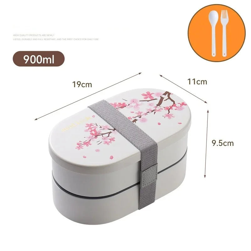 Cherry Blossom Japanese Lunch Box with Utensils, Microwavable Bento Box, Portable Soup Bowl for Students, Double Compartment Lunch Box