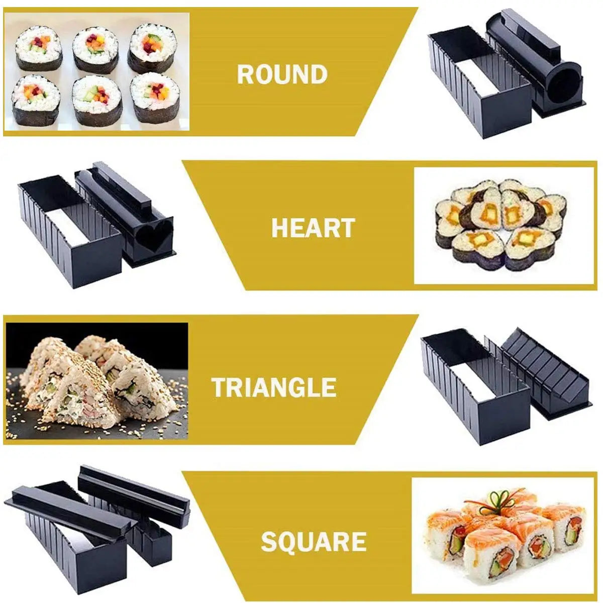 Sushi making kit with various sushi molds, fork, spatula, and utensils for making homemade sushi. Japanese sushi mold.