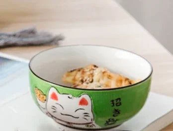 Round ceramic bowl in various sizes, Japanese lucky cat design, ideal for kitchens, restaurants, and homes. Salad bowl, noodle soup bowl, tableware.