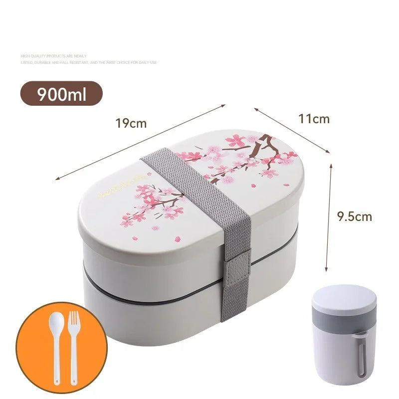 Cherry Blossom Japanese Lunch Box with Utensils, Microwavable Bento Box, Portable Soup Bowl for Students, Double Compartment Lunch Box