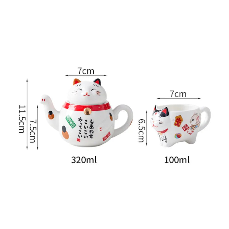 Service à thé japonais porte-bonheur Maneki Neko, tasse et cafetière avec filtre intégré.