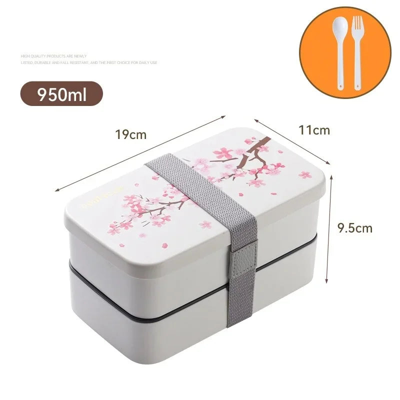 Cherry Blossom Japanese Lunch Box with Utensils, Microwavable Bento Box, Portable Soup Bowl for Students, Double Compartment Lunch Box