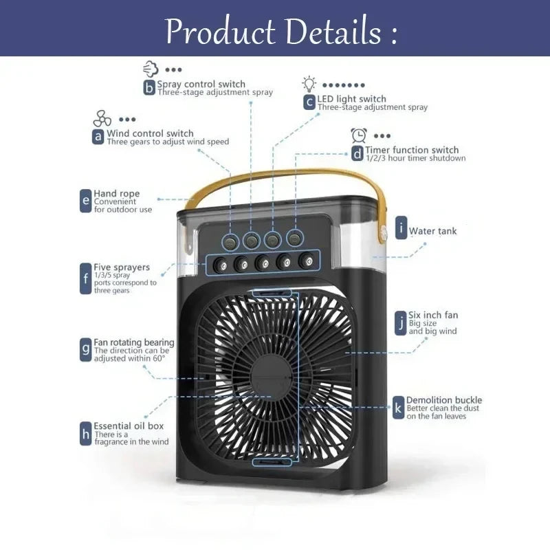 Ventilateur 3-en-1 – Mini Climatiseur, Humidificateur & Veilleuse LED 7 Couleurs