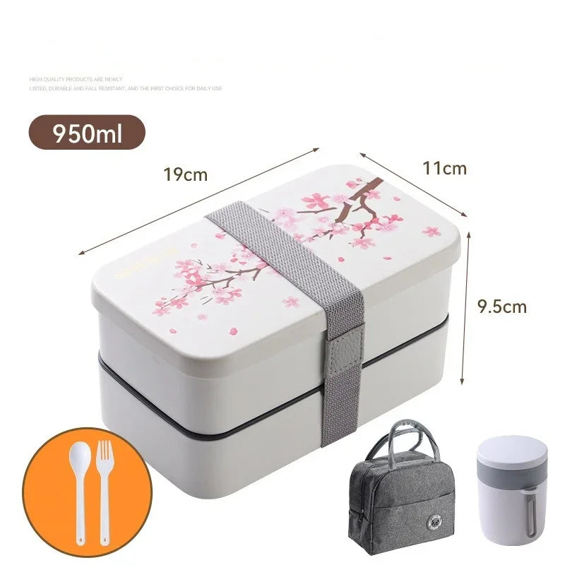 Cherry Blossom Japanese Lunch Box with Utensils, Microwavable Bento Box, Portable Soup Bowl for Students, Double Compartment Lunch Box