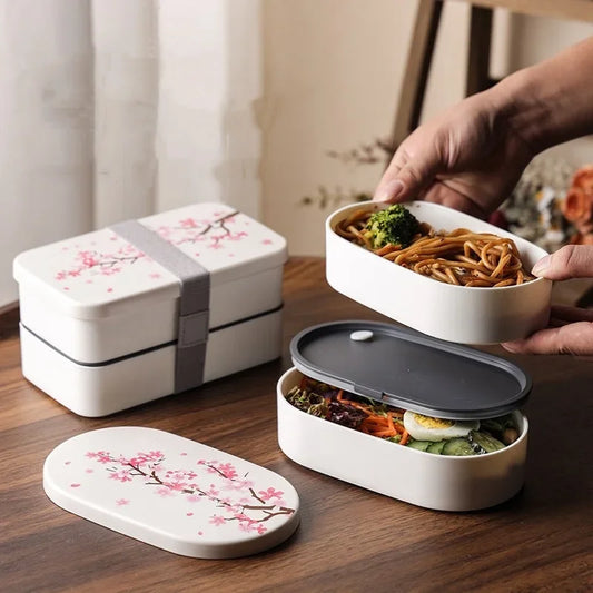Boîte à lunch japonaise à fleurs de cerisier avec vaisselle, boîte à bento micro-ondable, bol à soupe portable pour étudiants, boîte à lunch double compartiment