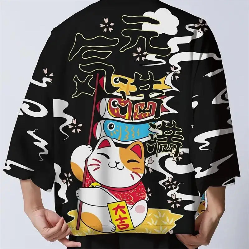 Kimono Yukata japonais – Imprimé chat Harajuku