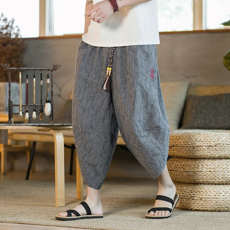 Traditional Japanese kimono, shorts, men's Asian trousers, casual loose linen Japanese yukata, wide-leg trousers