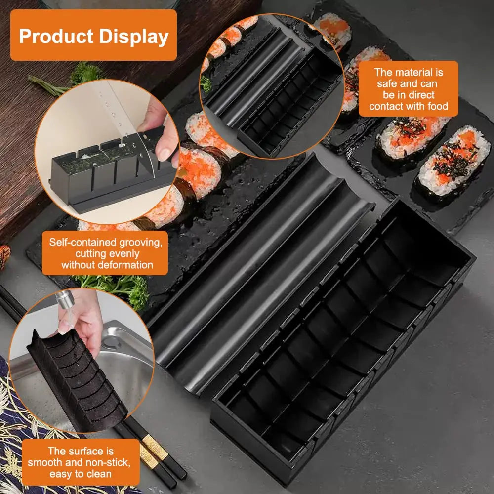 Sushi making kit with various sushi molds, fork, spatula, and utensils for making homemade sushi. Japanese sushi mold.