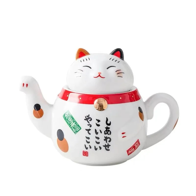 Service à thé japonais porte-bonheur Maneki Neko, tasse et cafetière avec filtre intégré.