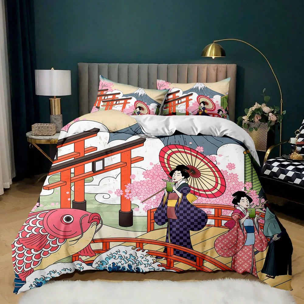 Parure de lit style japonais, housse de couette à motifs kimono traditionnels, taille Queen, Tokyo, geisha, Japon, en polyester.