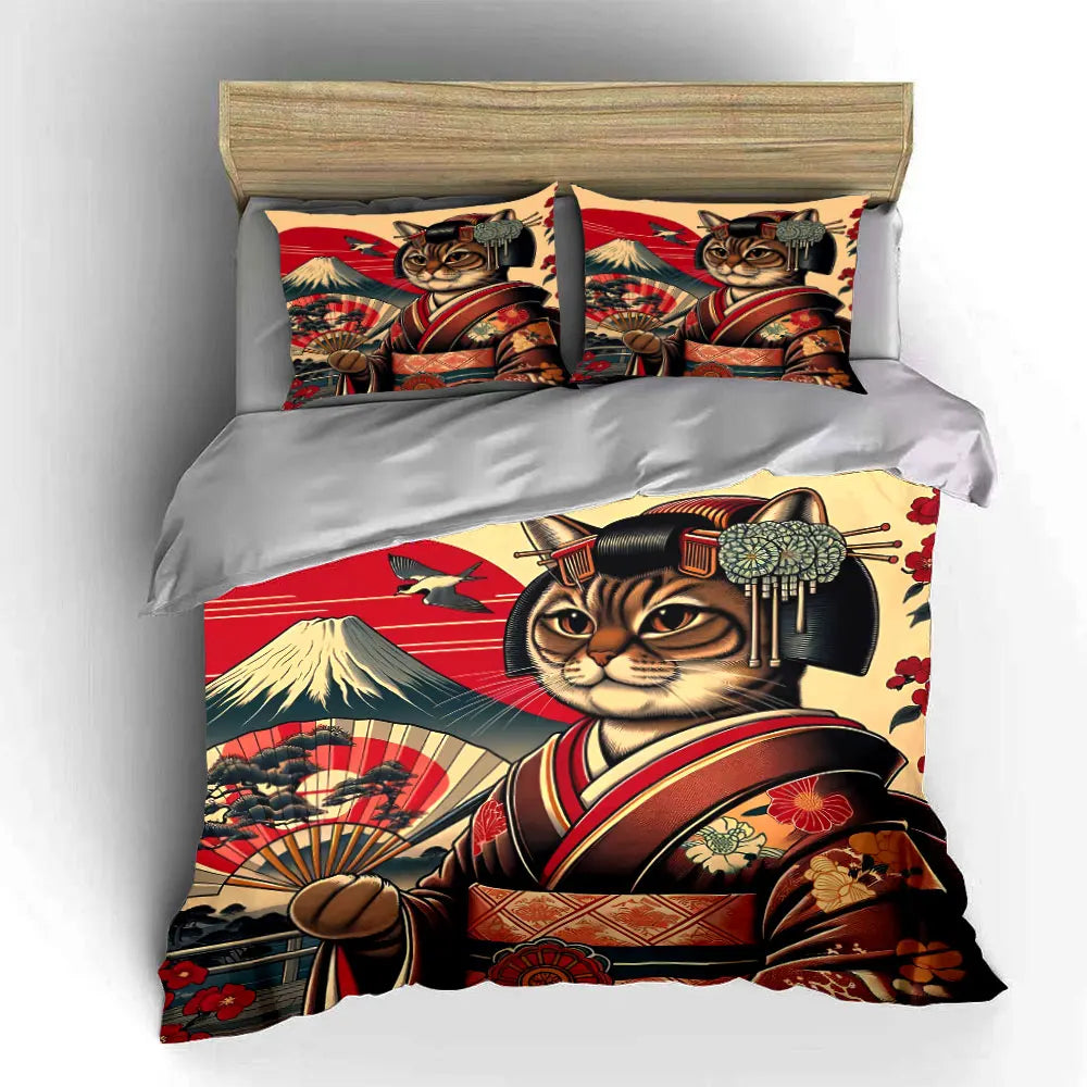 Parure de lit décorative style japonais avec motif chat, comprenant 1 housse de couette et 2 taies d'oreiller, tailles 1 à 2 (king et queen), cadeau
