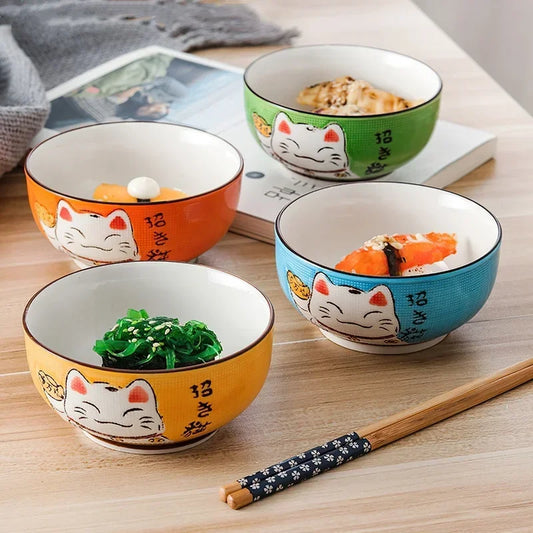 Bol rond en céramique de différentes tailles, motif chat porte-bonheur japonais, idéal pour la cuisine, les restaurants et la maison. Bol à salade, bol à soupe de nouilles, vaisselle.