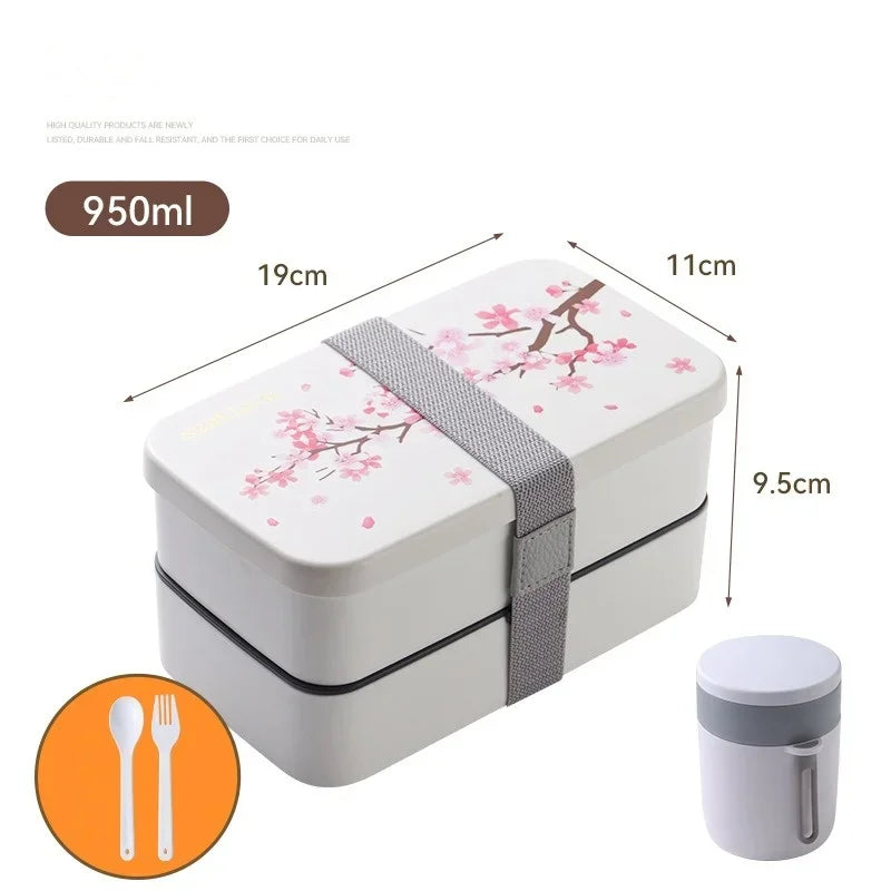 Cherry Blossom Japanese Lunch Box with Utensils, Microwavable Bento Box, Portable Soup Bowl for Students, Double Compartment Lunch Box
