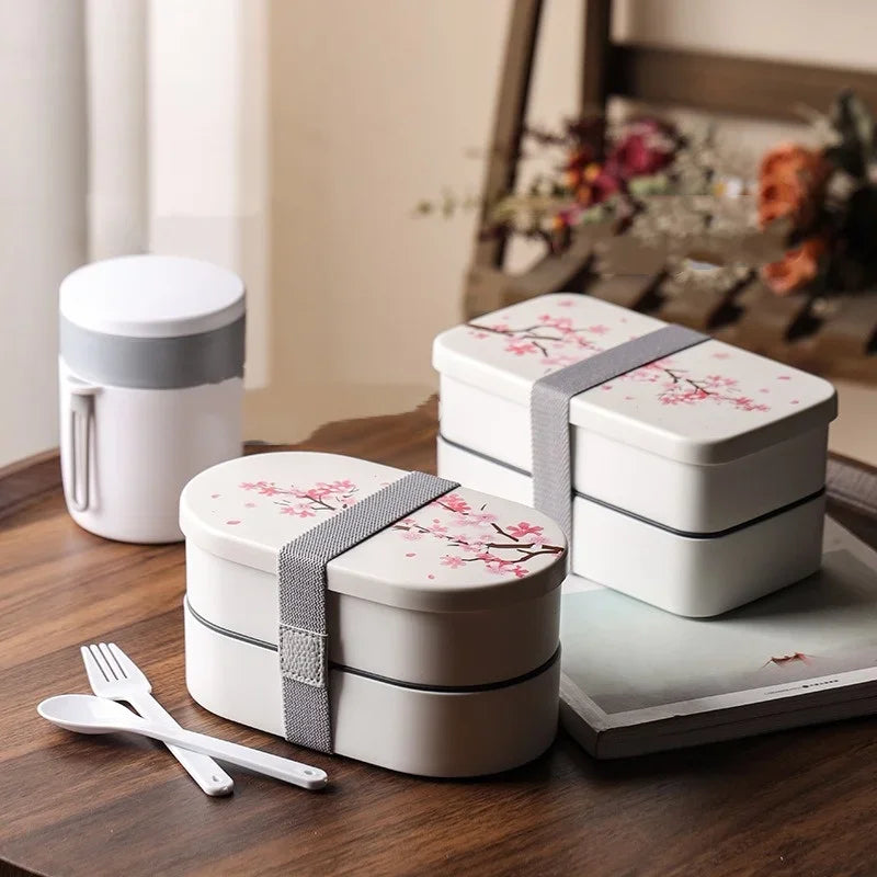 Cherry Blossom Japanese Lunch Box with Utensils, Microwavable Bento Box, Portable Soup Bowl for Students, Double Compartment Lunch Box