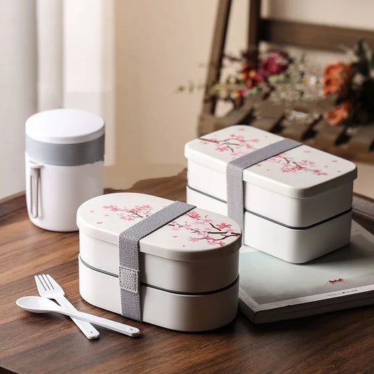 Cherry Blossom Japanese Lunch Box with Utensils, Microwavable Bento Box, Portable Soup Bowl for Students, Double Compartment Lunch Box