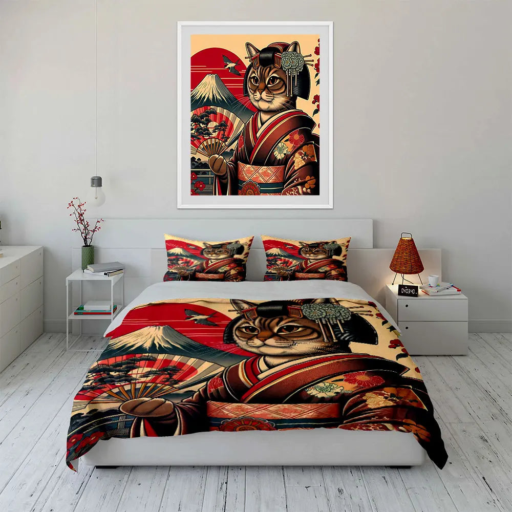 Parure de lit décorative style japonais avec motif chat, comprenant 1 housse de couette et 2 taies d'oreiller, tailles 1 à 2 (king et queen), cadeau