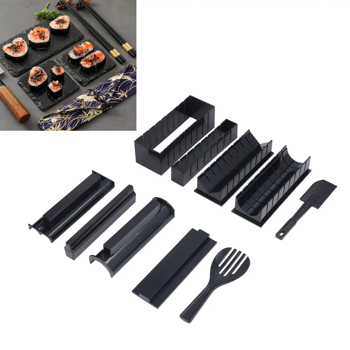 Sushi making kit with various sushi molds, fork, spatula, and utensils for making homemade sushi. Japanese sushi mold.