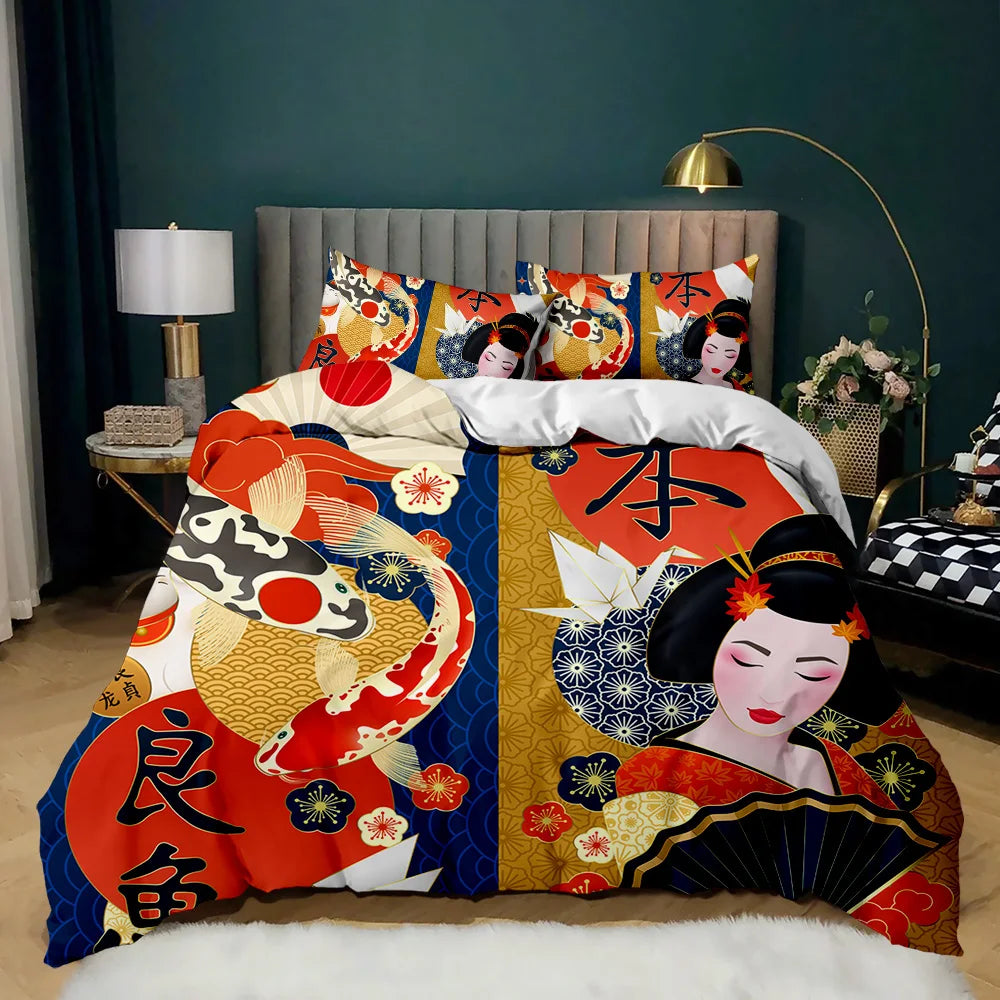 Parure de lit style japonais, housse de couette à motifs kimono traditionnels, taille Queen, Tokyo, geisha, Japon, en polyester.