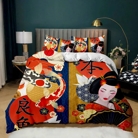Parure de lit style japonais, housse de couette à motifs kimono traditionnels, taille Queen, Tokyo, geisha, Japon, en polyester.