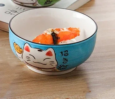 Round ceramic bowl in various sizes, Japanese lucky cat design, ideal for kitchens, restaurants, and homes. Salad bowl, noodle soup bowl, tableware.