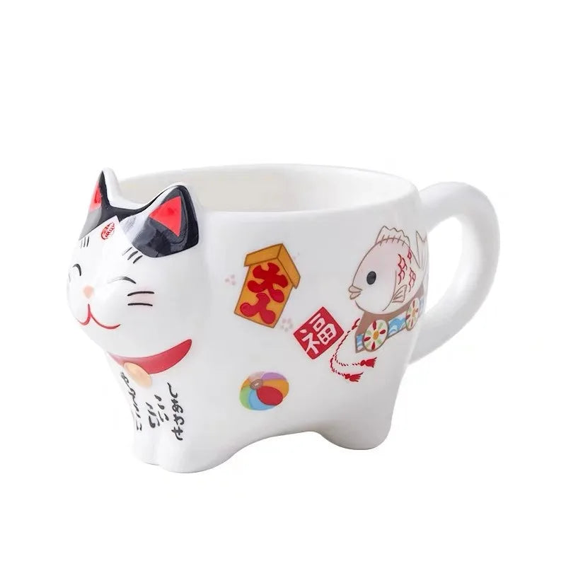 Service à thé japonais porte-bonheur Maneki Neko, tasse et cafetière avec filtre intégré.