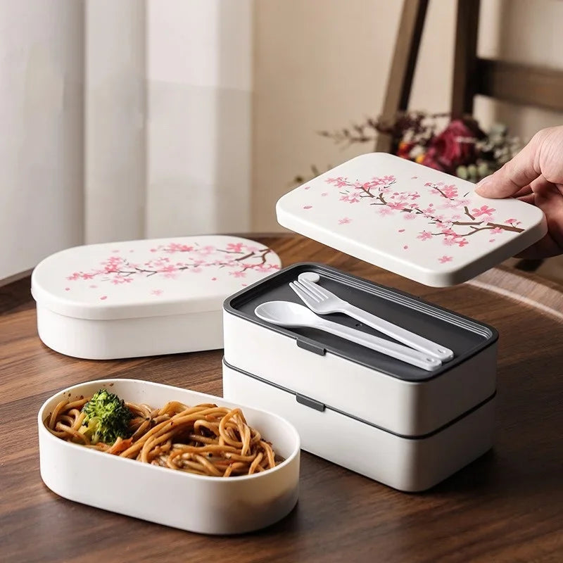 Cherry Blossom Japanese Lunch Box with Utensils, Microwavable Bento Box, Portable Soup Bowl for Students, Double Compartment Lunch Box